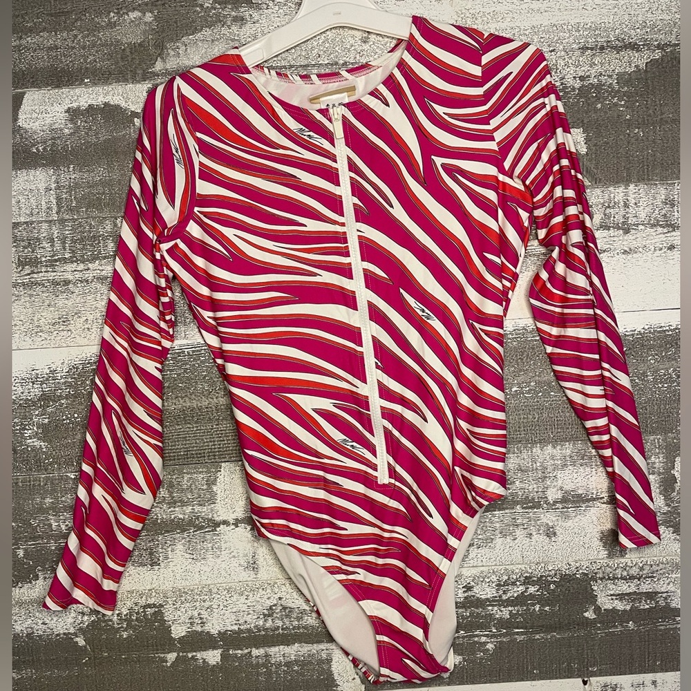 MICHAEL Michael Kors Hot Pink and White Long-Sleeve Zip One-Piece Swim